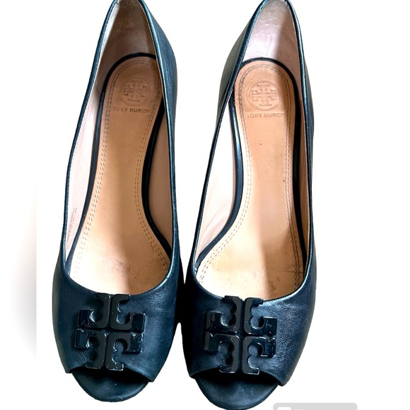 Tory Burch Shoes - Tory Burch Lowell II Black Peep Toe Wedges Size 8M